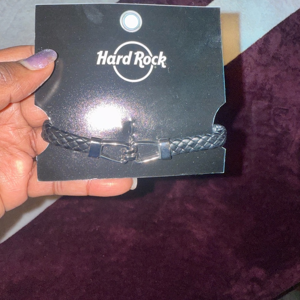 Hard Rock Cafe Black Braided Leather Bracelet with Silver Clasp